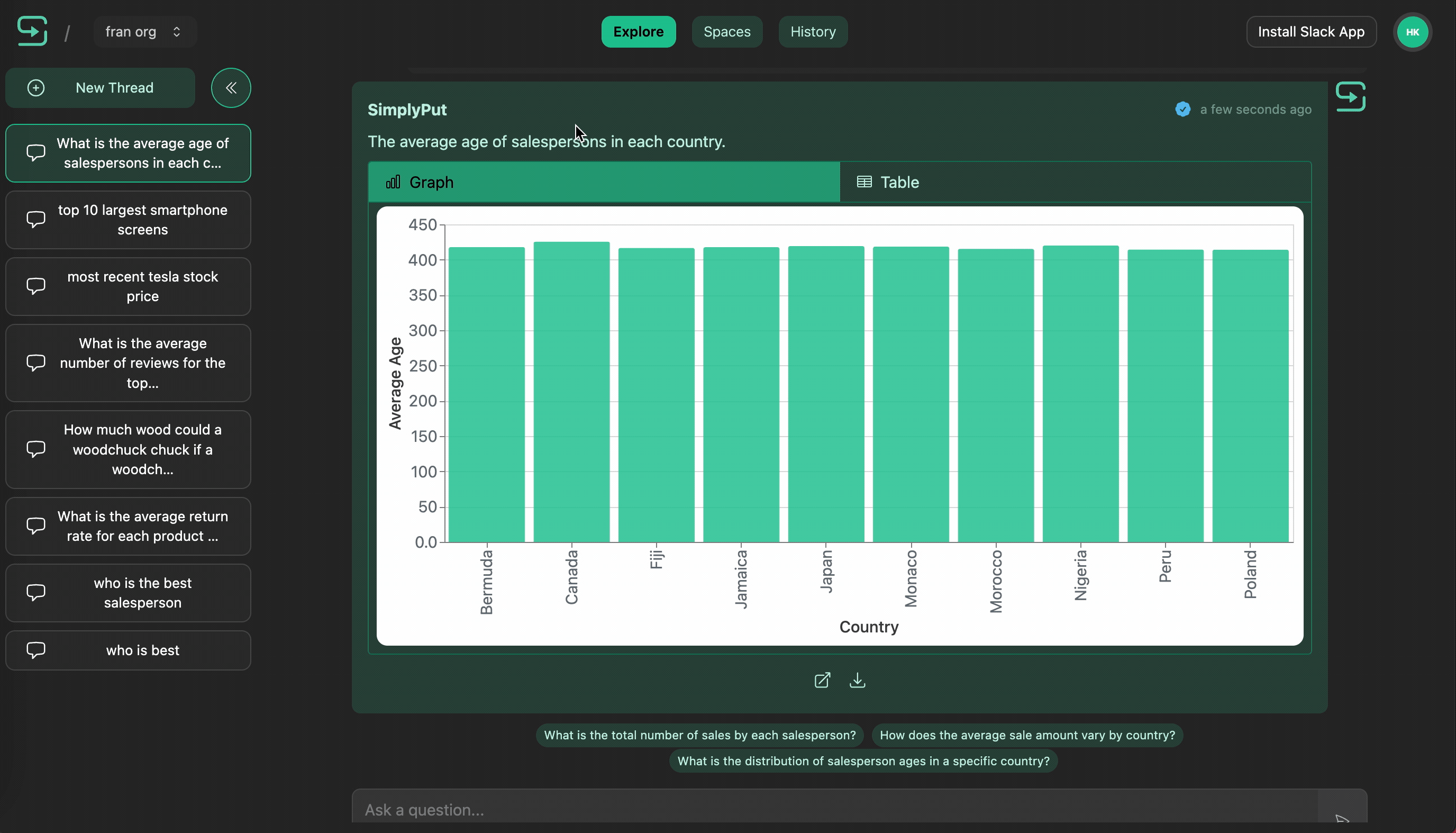 Screengrab of various actions on question results