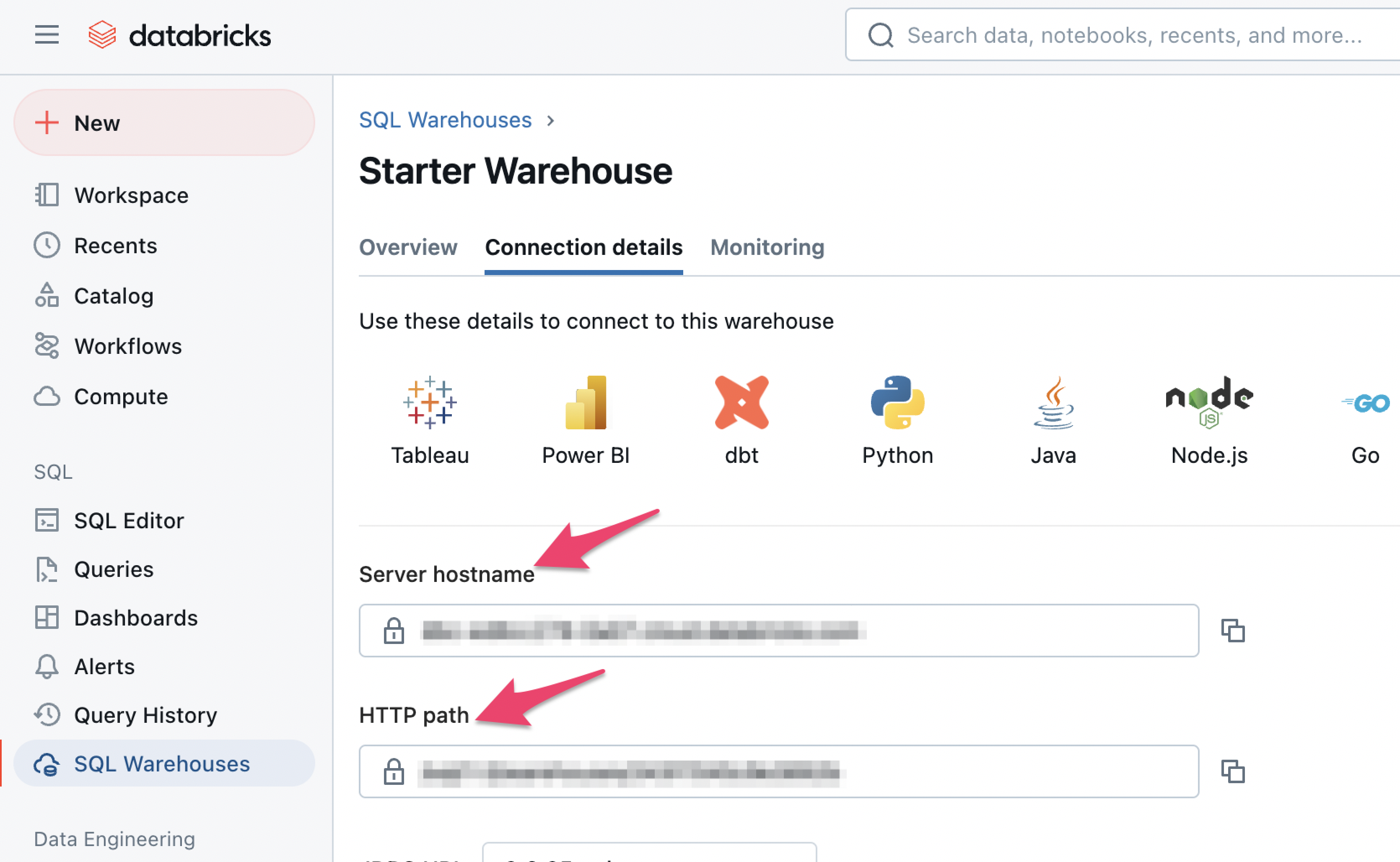 Screenshot showing how to find Server Hostname and HTTP Path from a SQL Warehouse