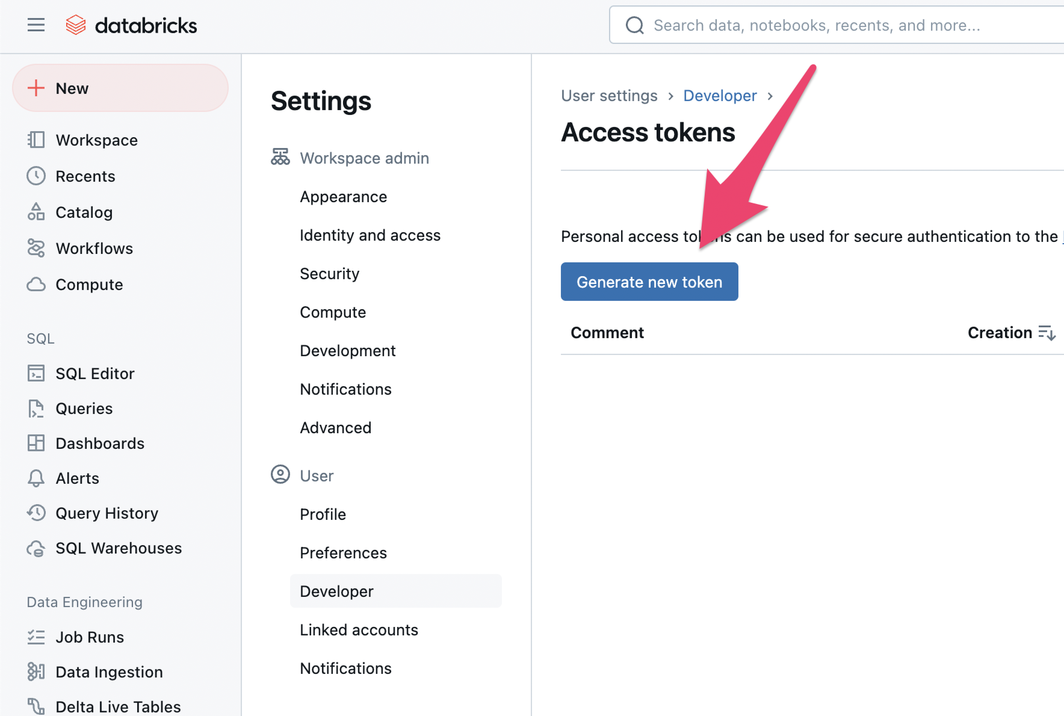 Screenshot showing how to generate a new Access Token