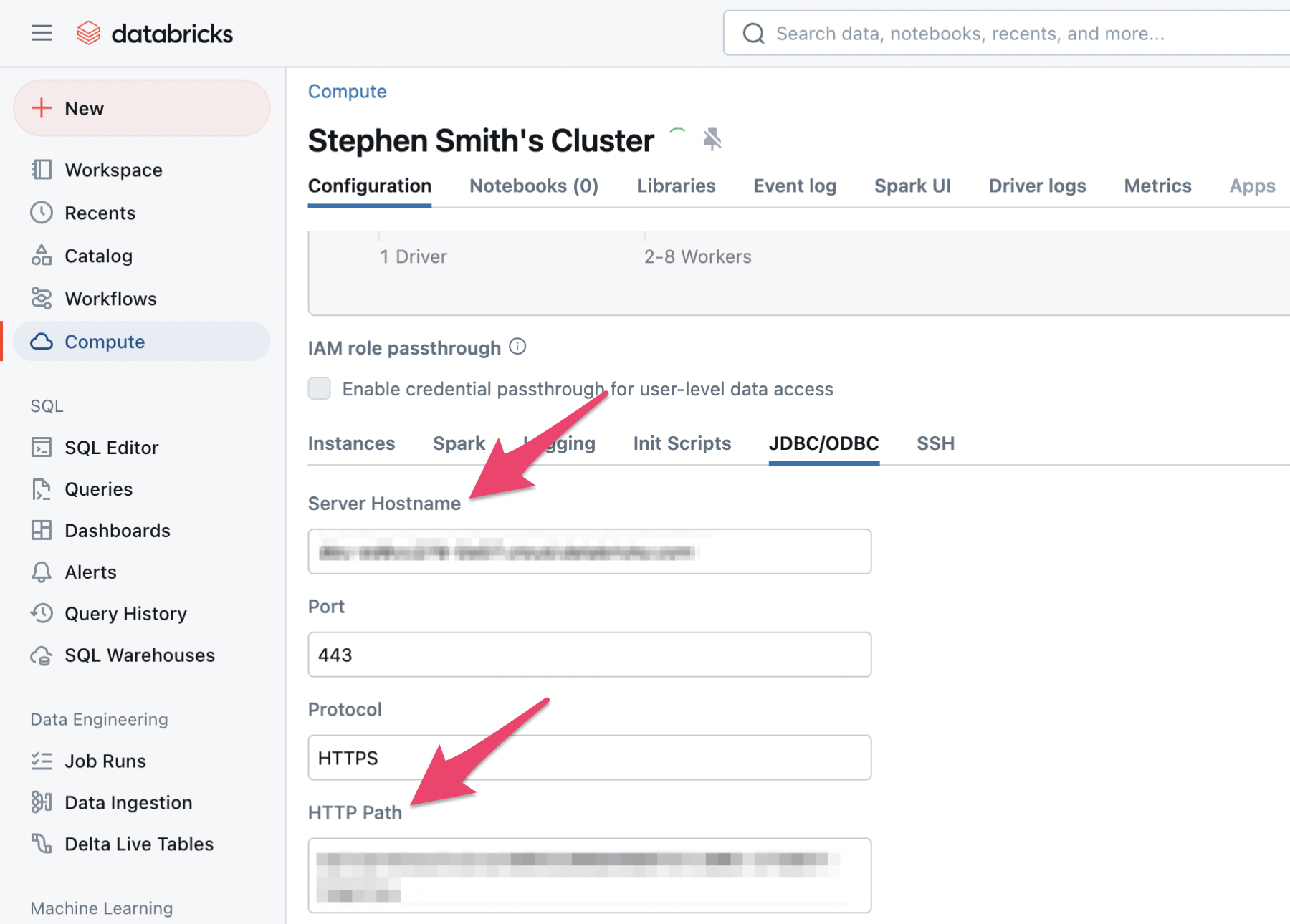 Screenshot showing how to find Server Hostname and HTTP Path from a Cluster